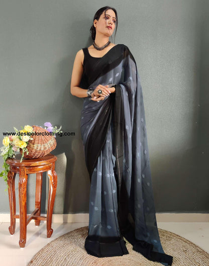 Steel Blue Plain Georgette Pre-draped Saree