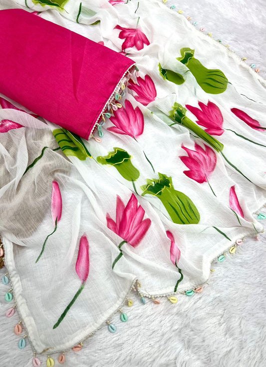Product Image - Exquisite Chiffon Designer Saree with Lotus Handbrush Print and Multi-Colour Lace