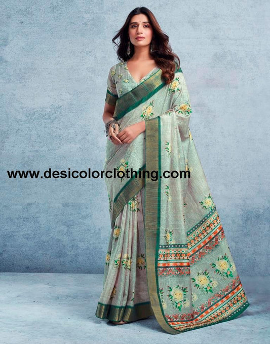 Dusty Green Silk Printed  Saree