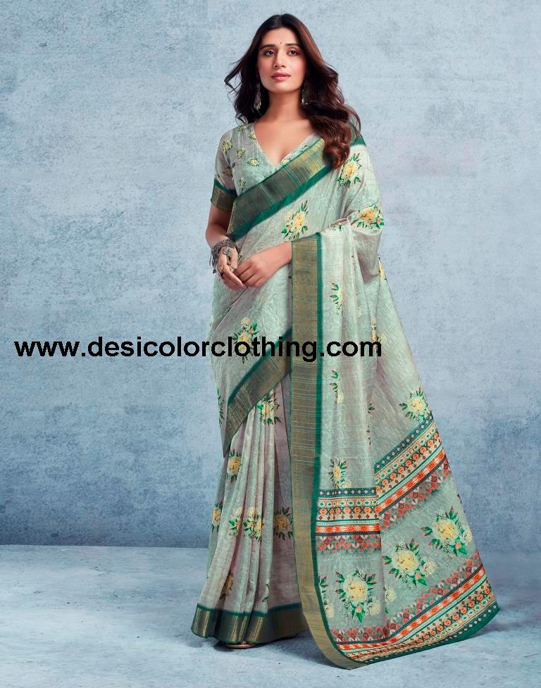 Dusty Green Silk Printed  Saree