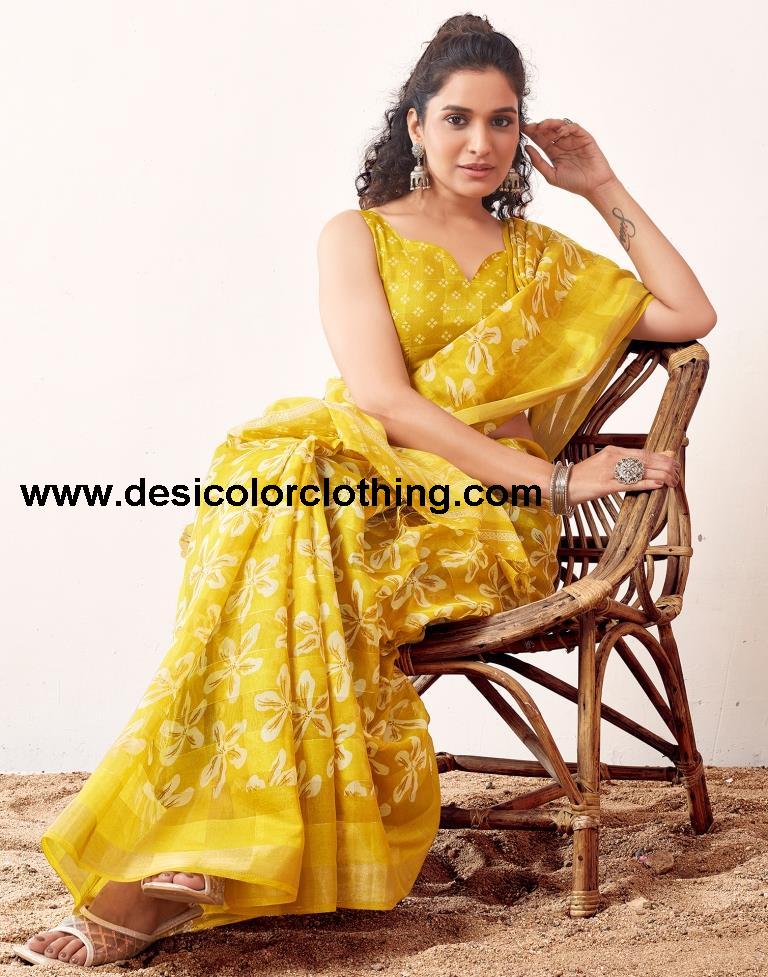 Yellow Cotton Printed Sarees