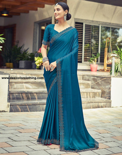 Dark Blue Satin Silk Saree with Stone Work Border & Matching Blouse