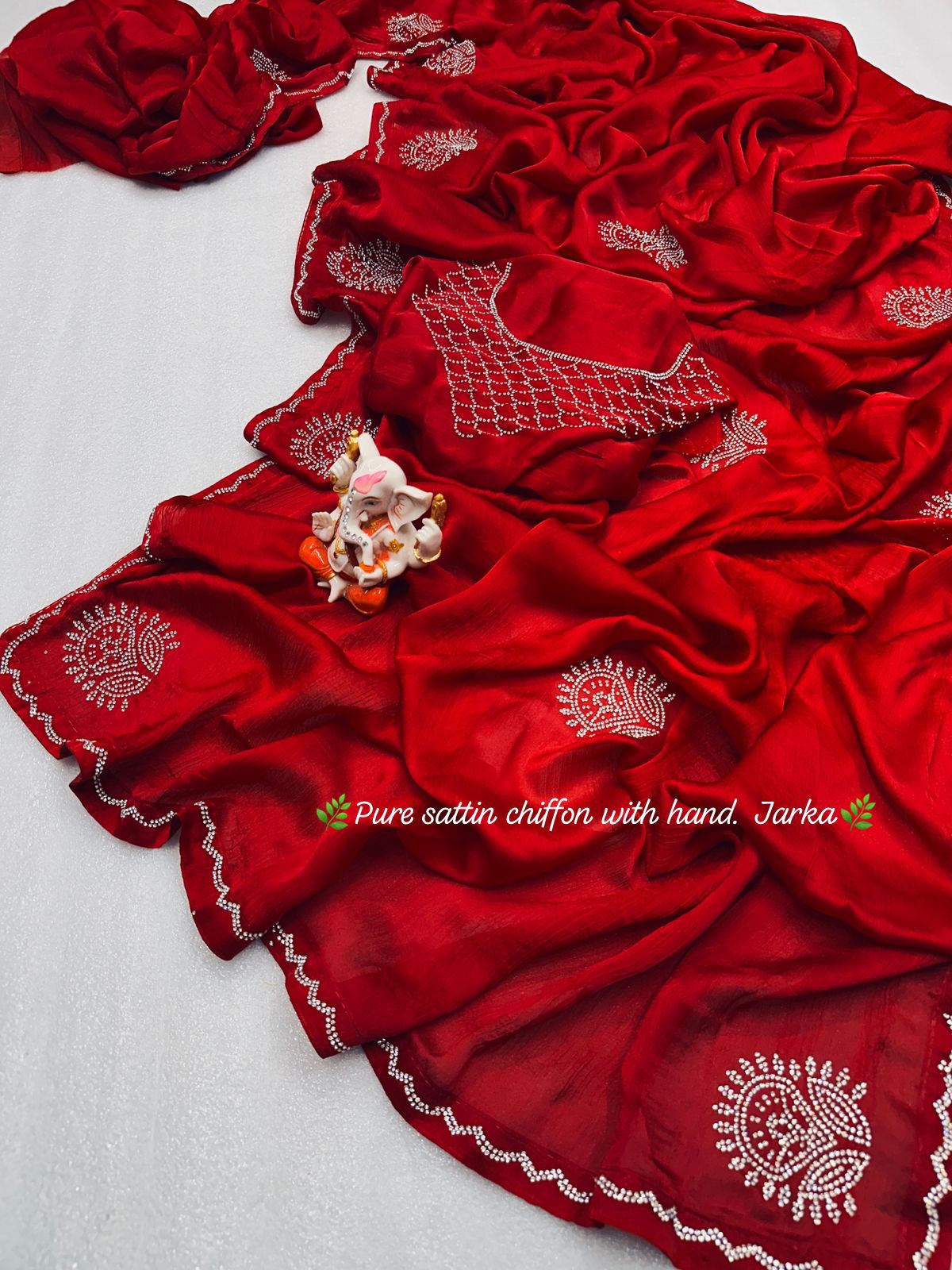 Product Image - Designer Satin Chiffon Saree with Handcrafted Siroski Jarkan Work