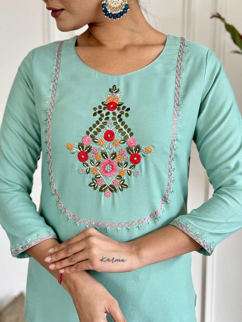 Product Image - Elegant Embroidered Kurti Set with Silk Dupatta