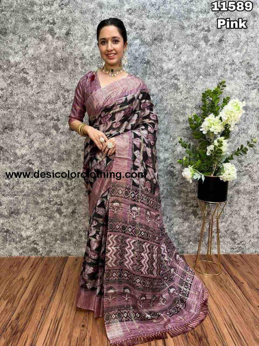 Soft Linen Floral Printed Saree with Foil Lining and Contrast Blouse