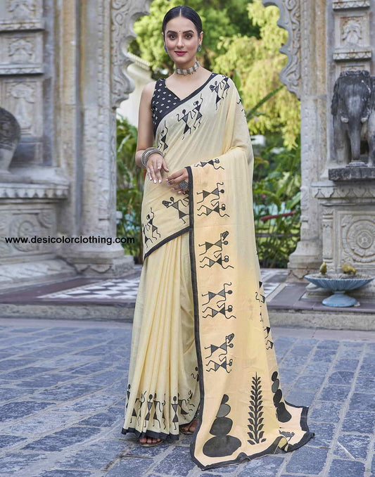 Yellow Printed Cotton Saree