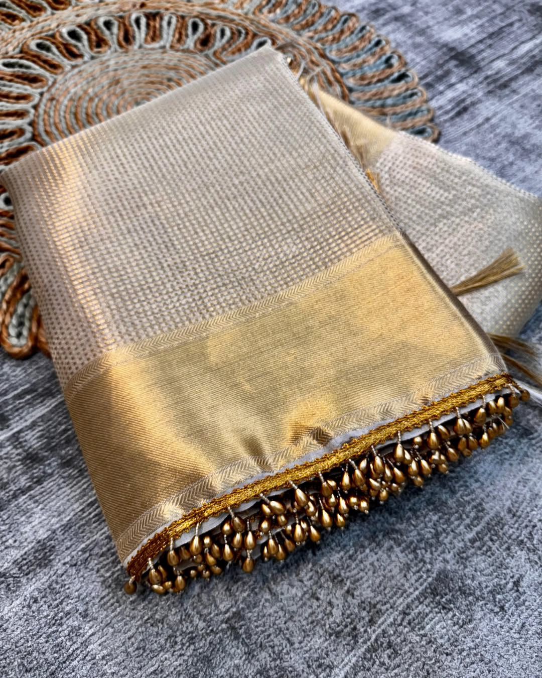 Product Image - Elegant Golden Tissue Silk Saree Inspired by Nayanthara Mam | Designer Antic Gold Border