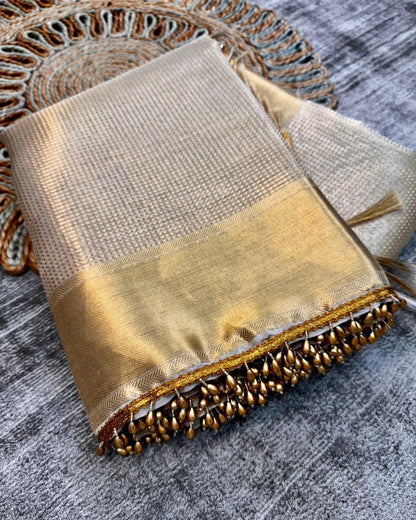 Product Image - Elegant Golden Tissue Silk Saree Inspired by Nayanthara Mam | Designer Antic Gold Border