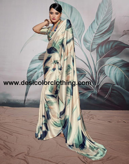 Cream Silk Printed Sarees