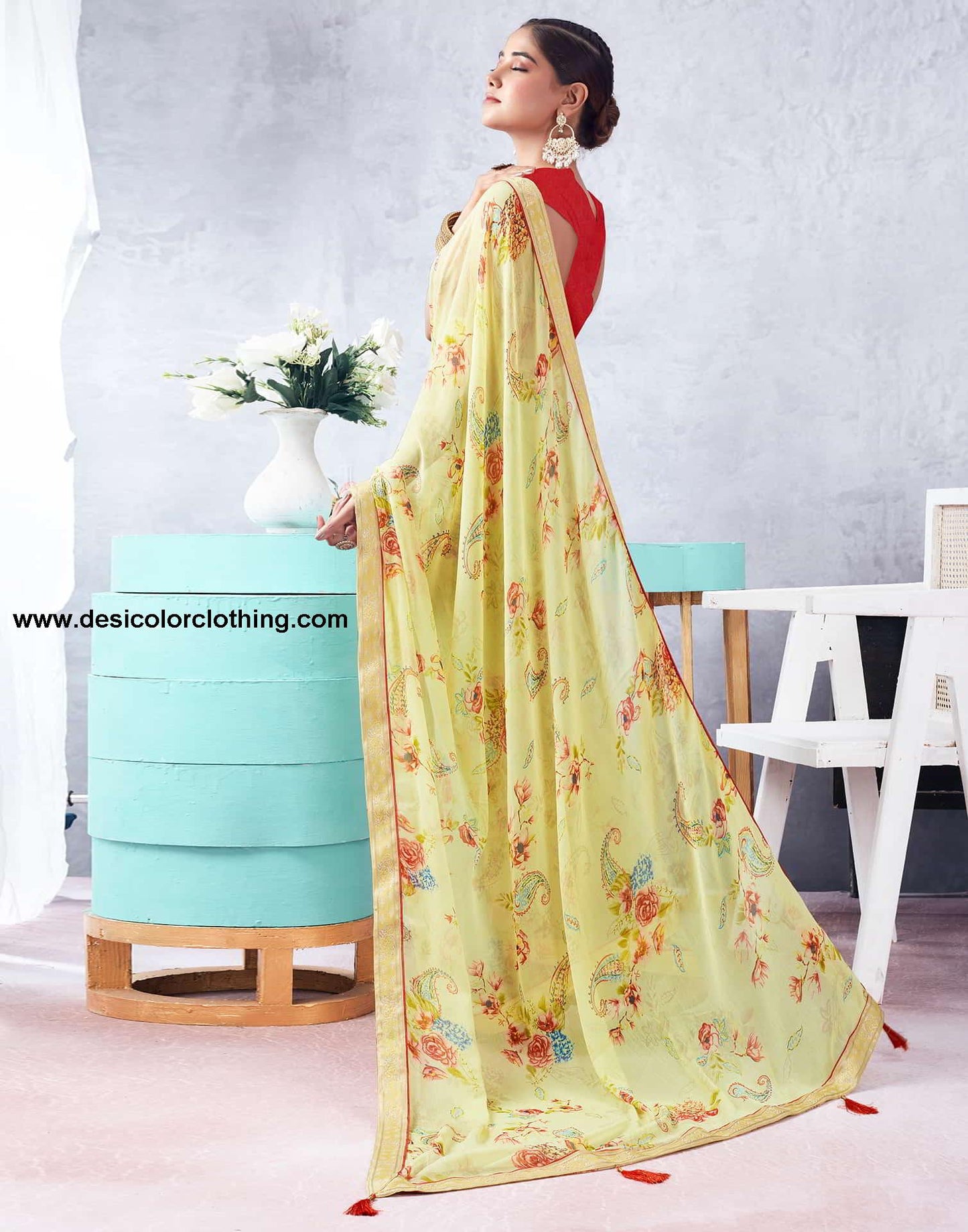 Yellow Printed Chiffon Saree