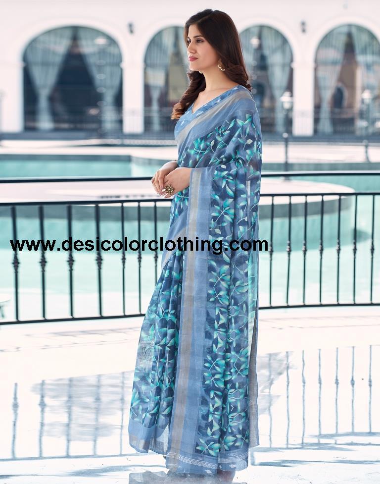 Steel Blue Cotton Printed Saree