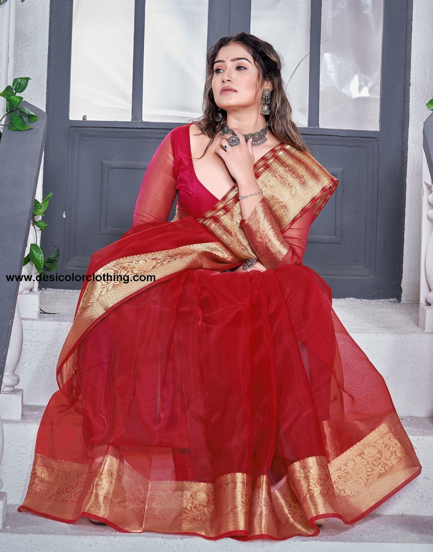 Red Plain Organza Saree