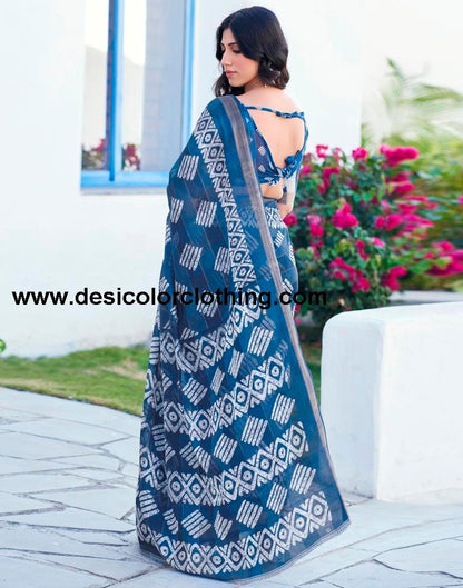 Dark Steel Blue Printed Cotton Saree