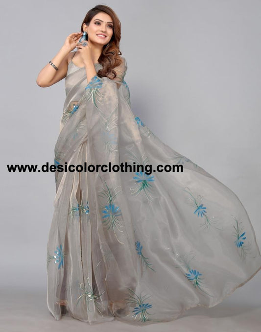 Stone Grey Organza Saree