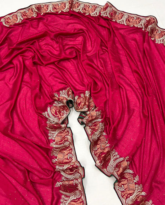 Product Image - Elegant Designer Vichitra Silk Saree with Zari and Stone Work | Festive Wear