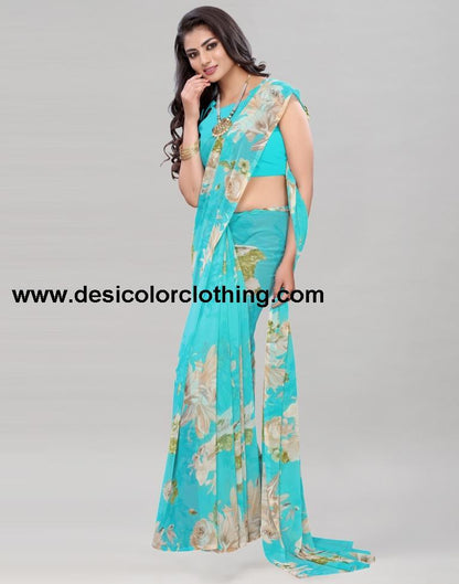 Aqua Blue Printed Saree