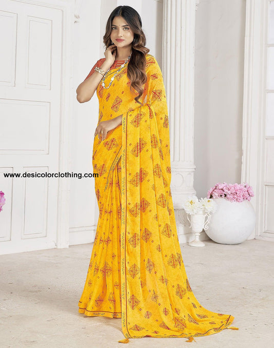 Yellow Chiffon Printed Saree