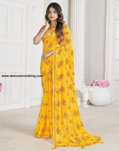 Yellow Chiffon Printed Saree