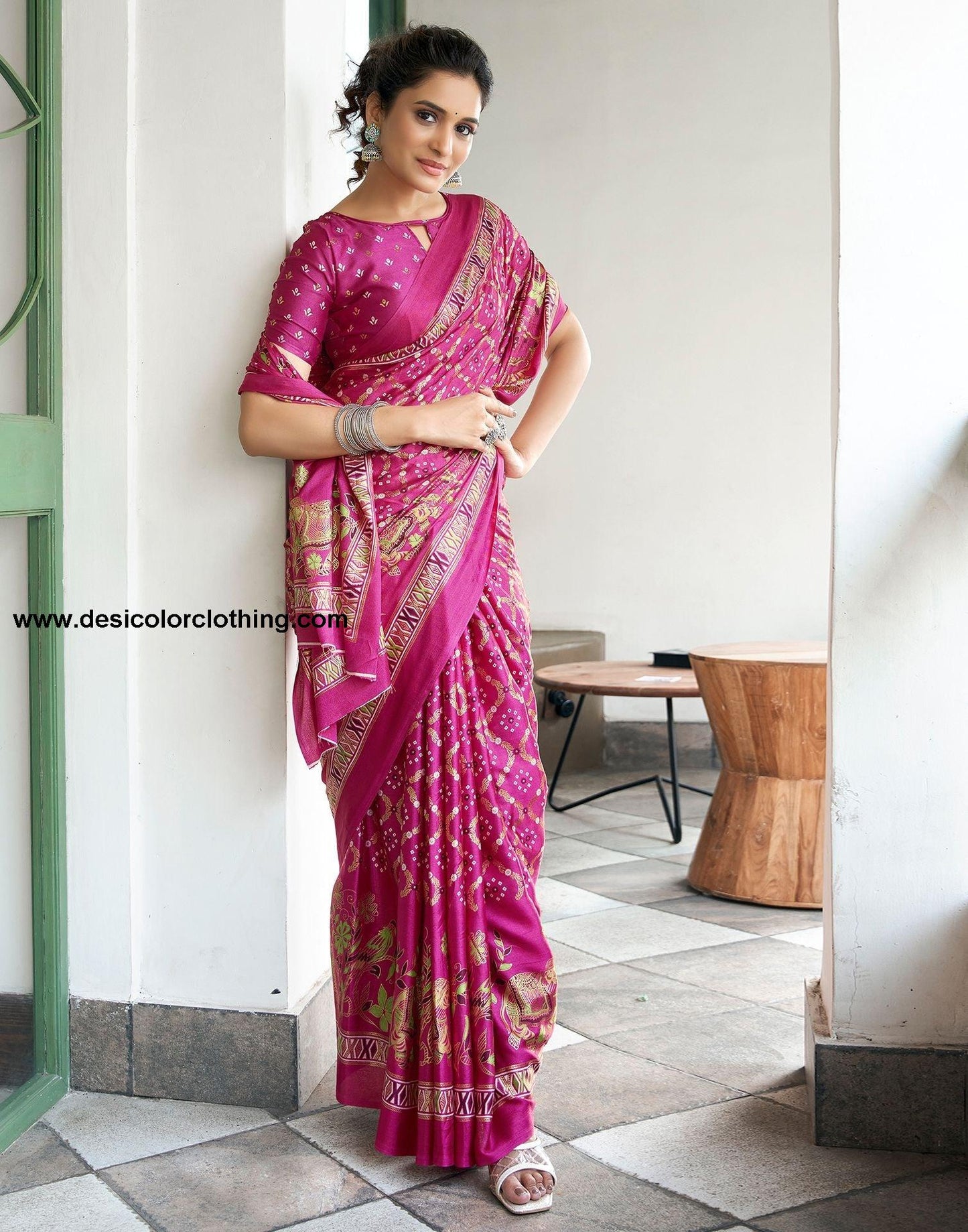Rani Pink Printed Silk Saree