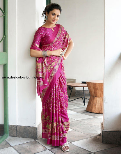 Rani Pink Printed Silk Saree