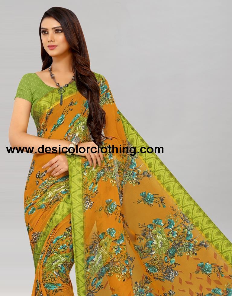 Yellow Printed Chiffon Saree