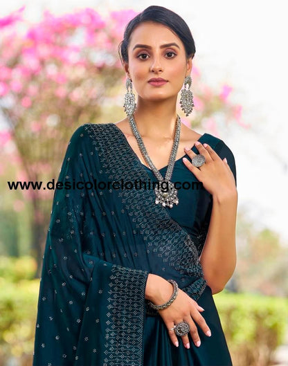 Dark Teal Blue Georgette Plain Saree