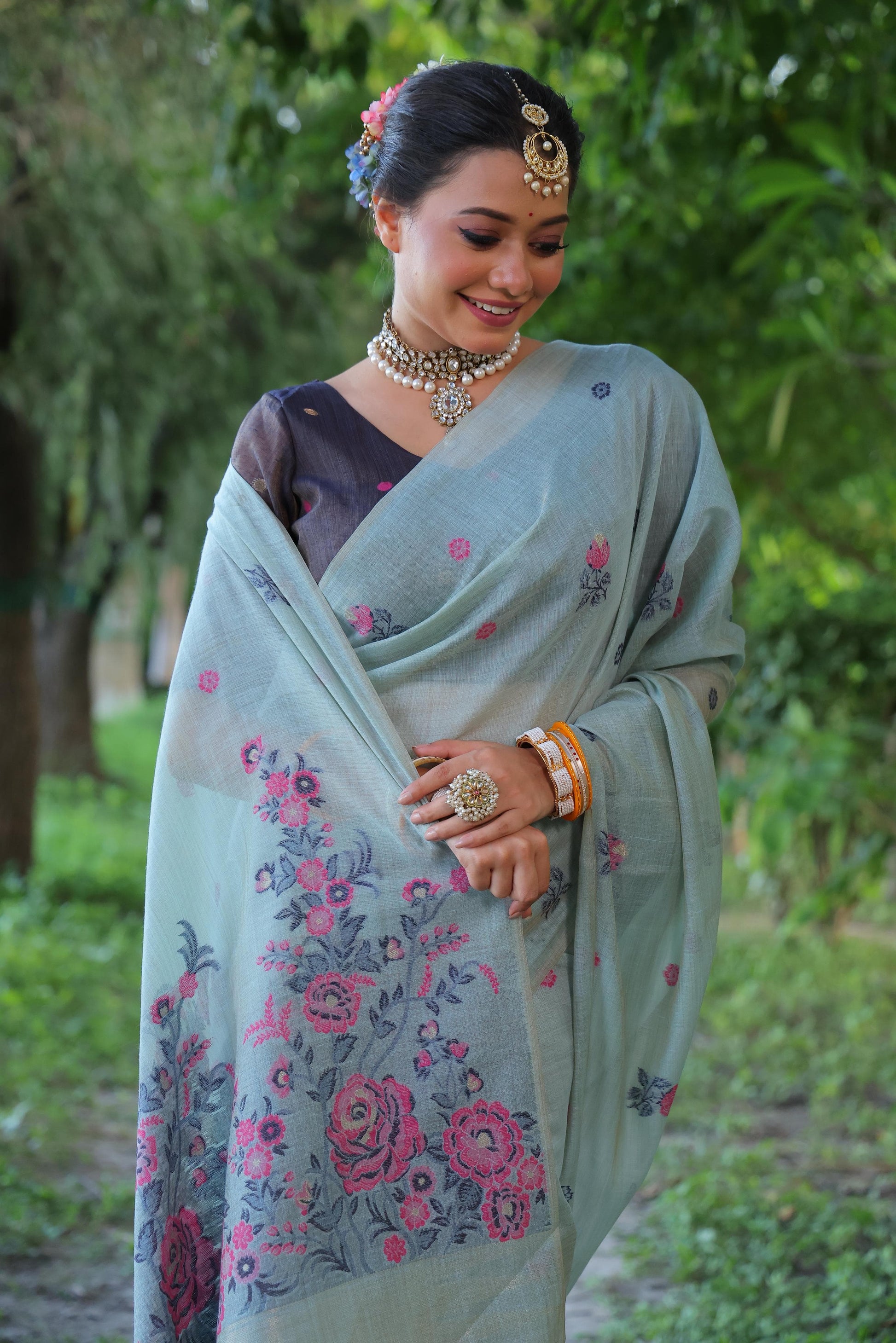 Product Image - Designer Muga Cotton Saree with Floral Weaving