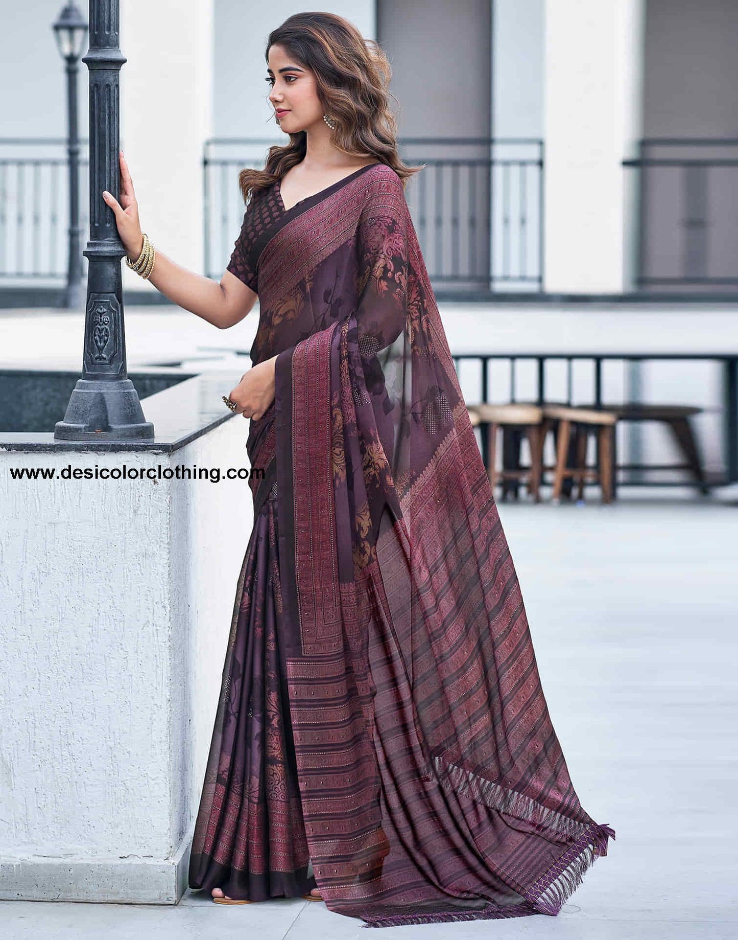 Wine Georgette Printed Saree
