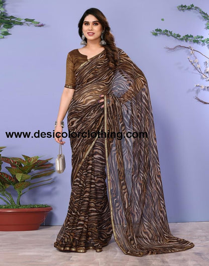 Brown Chiffon Animal Printed Saree