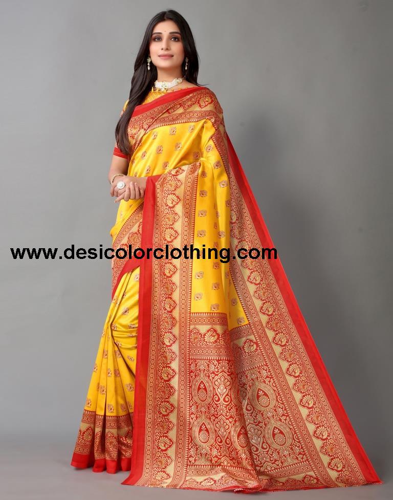 Yellow Printed Silk Saree