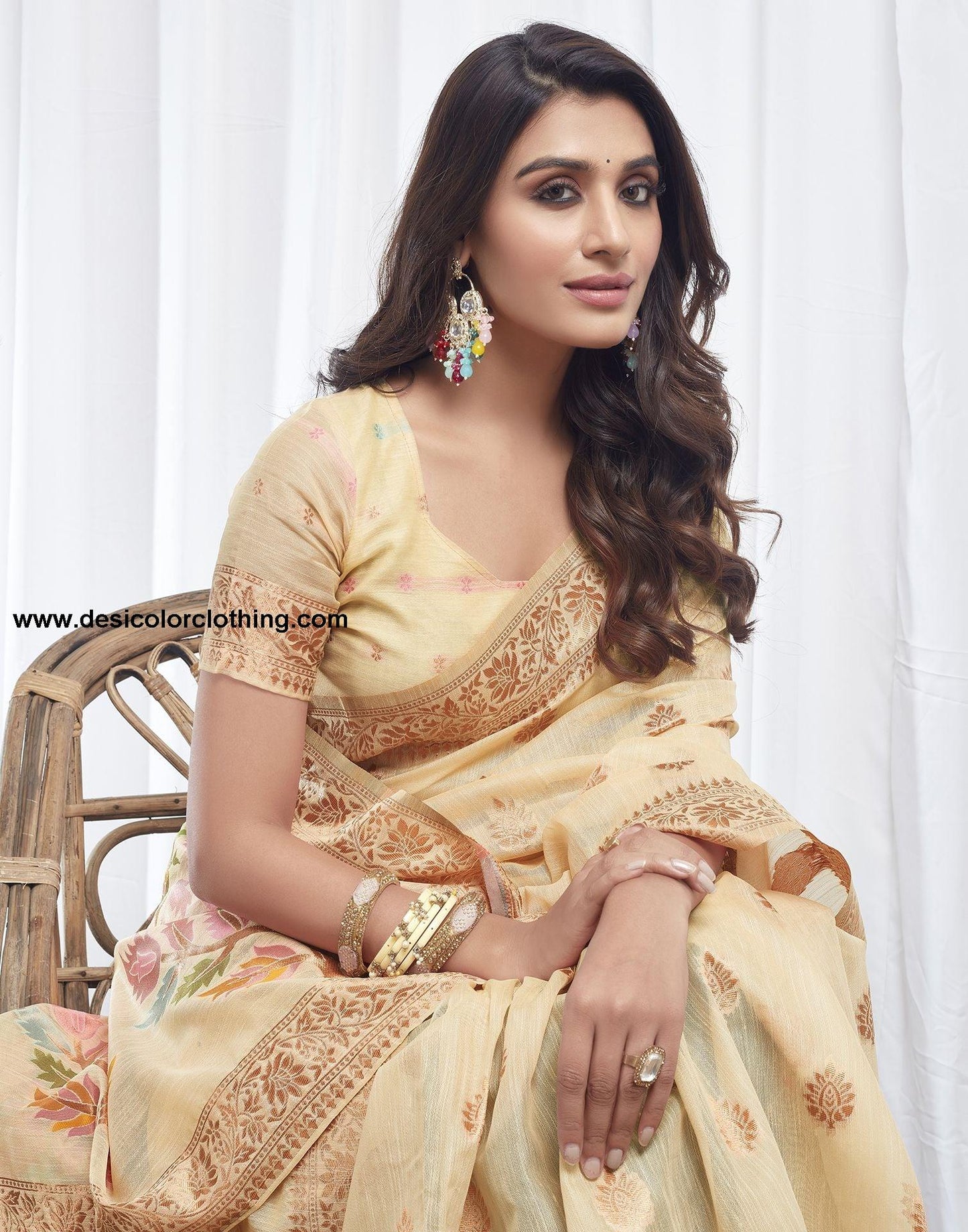 Cream Jacquard Linen Saree