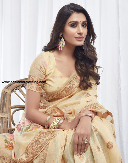 Cream Jacquard Linen Saree