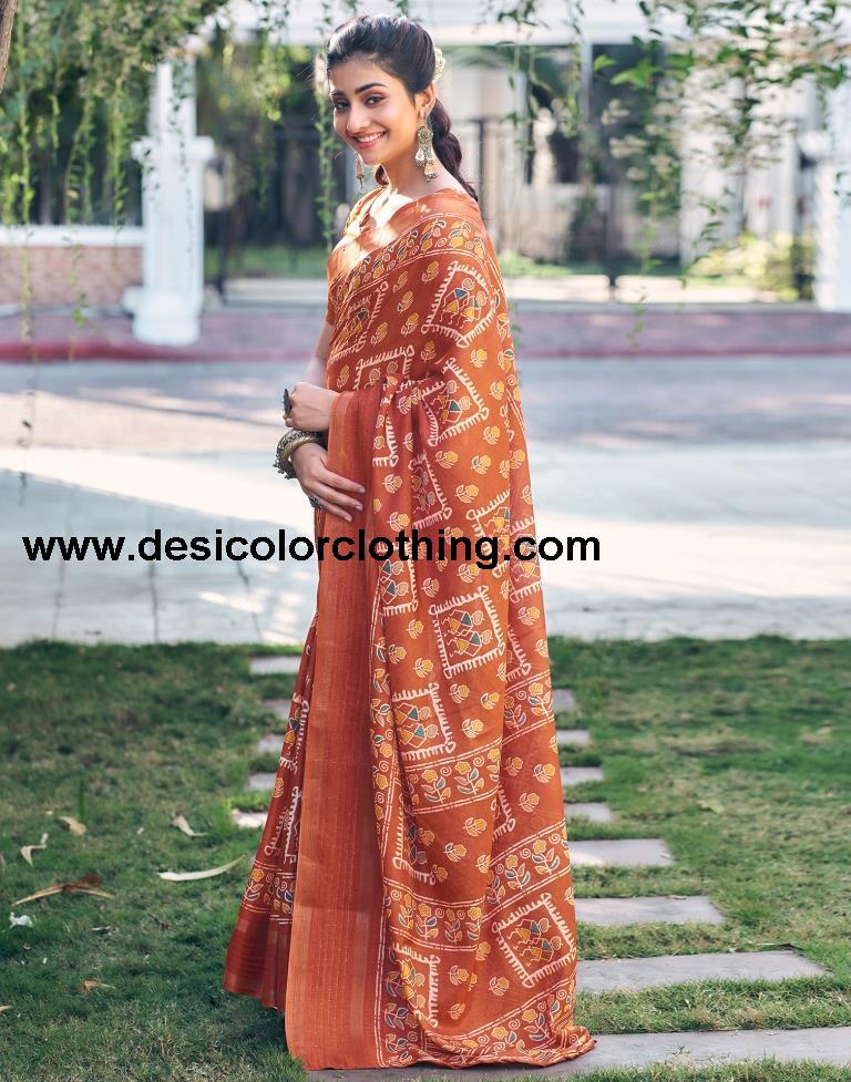 Rust Silk Printed Saree