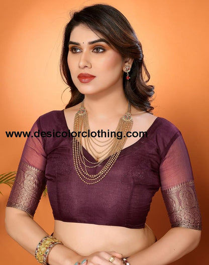Wine Plain Organza Saree