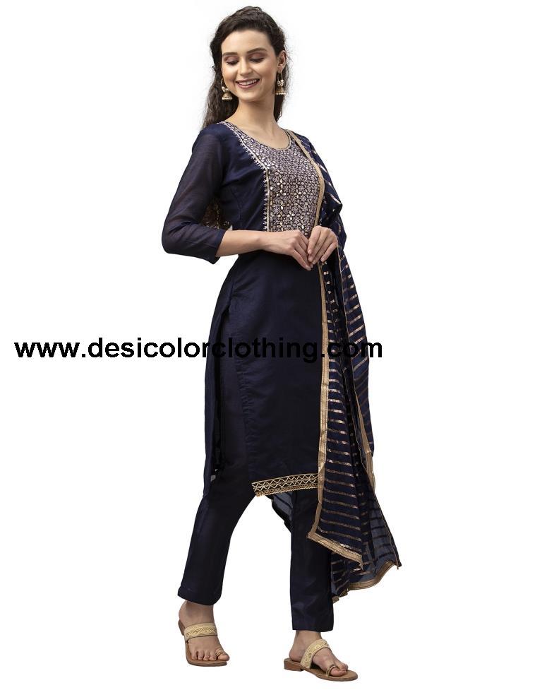 Astounding Navy Blue Cotton Thread Work Unstitched Salwar Suit