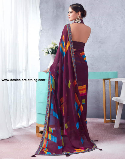 Wine Printed Chiffon Geometric Saree