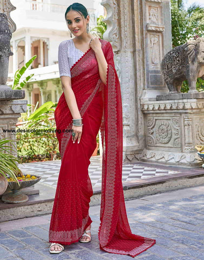 Red Swarovski Georgette Stone Work Saree