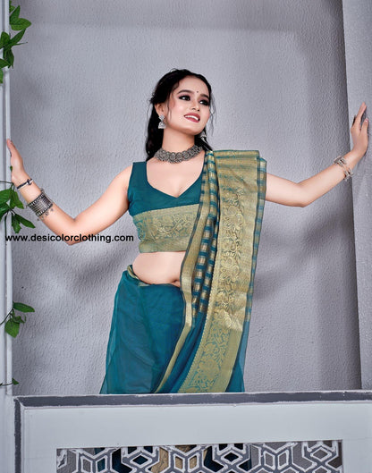 Teal Blue Plain Organza Saree