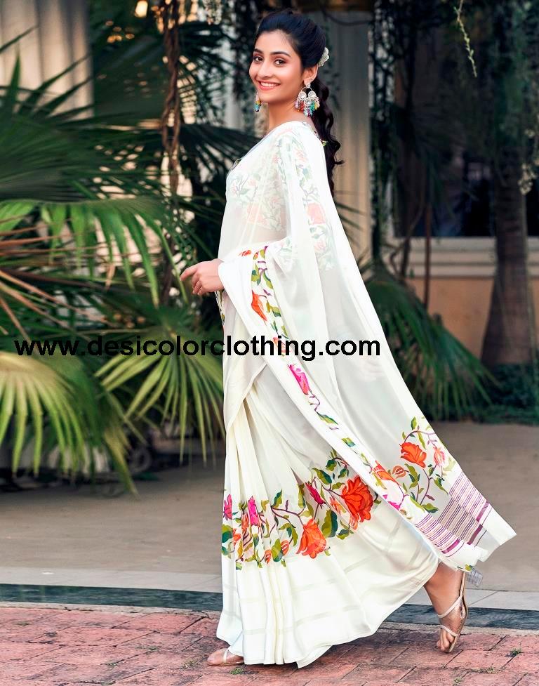 Cream Georgette Printed Saree