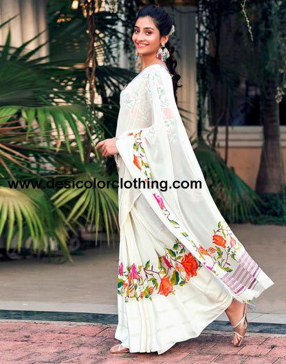Cream Georgette Printed Saree