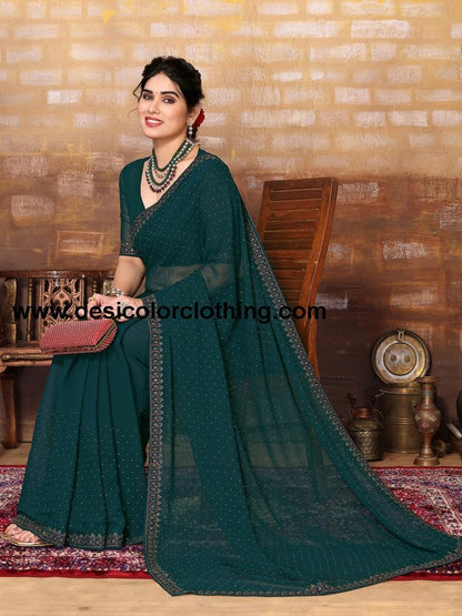 Dark Green Plain Georgette Saree