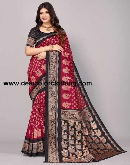 Cherry Red Printed Silk Saree