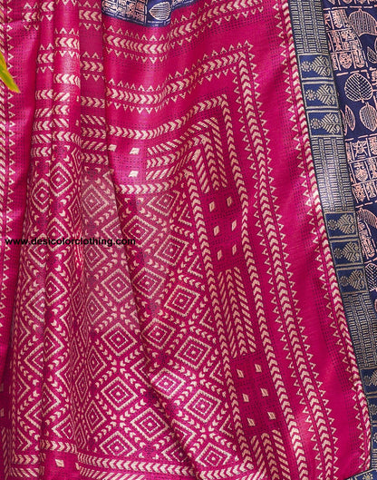 Dark Blue Printed Silk Saree