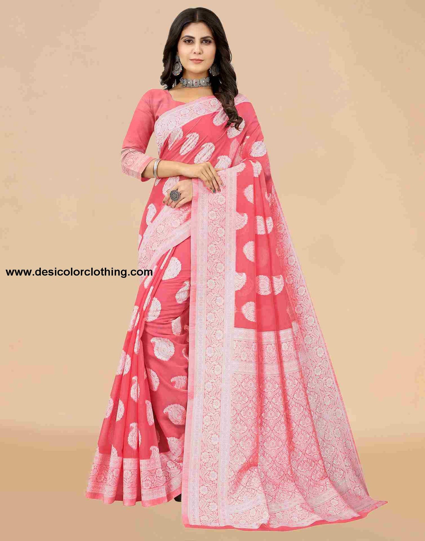 Pink Cotton Plain Saree