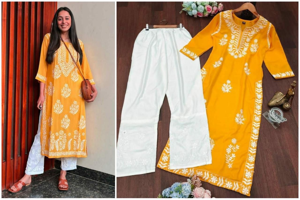 Product Image - Designer Embroidered Kurti & Pant Set for Festive Wear