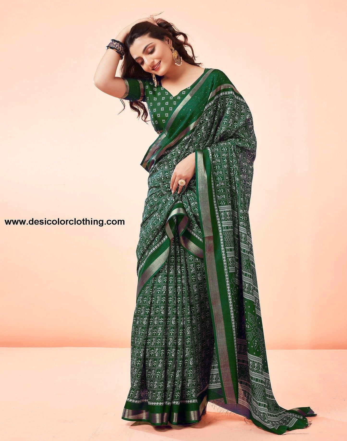 Dark Green Printed Cotton Saree
