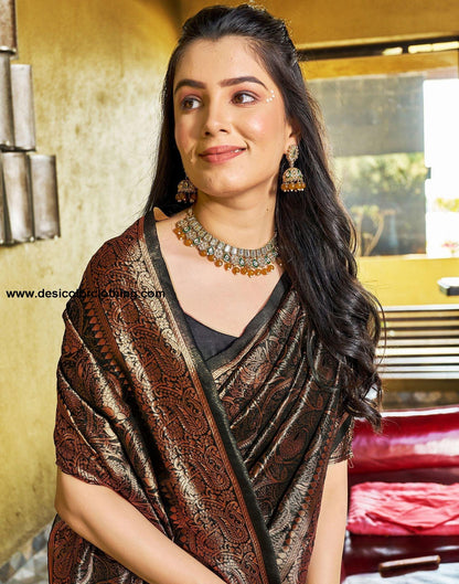 Black and Copper Jacquard Silk Saree