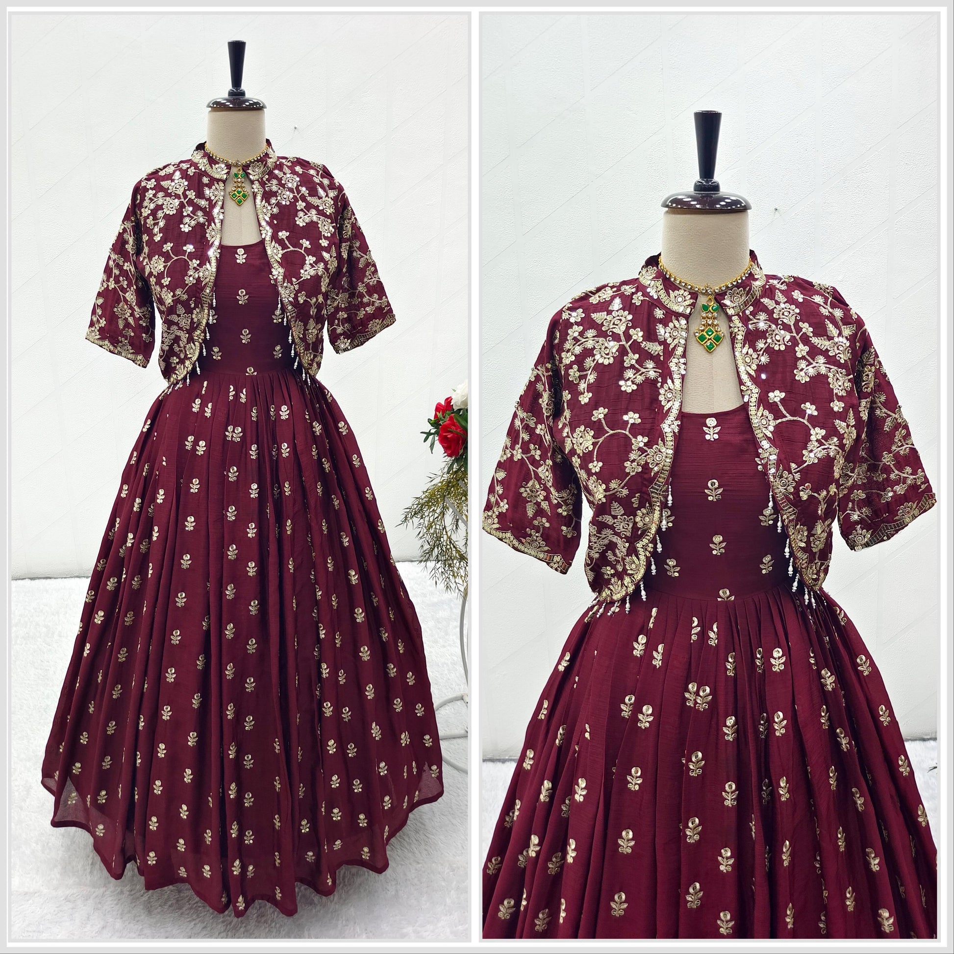 Product Image - Exquisite Cinon Silk Gown-Jacket Set for Festive and Wedding Wear