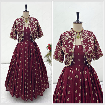Product Image - Exquisite Cinon Silk Gown-Jacket Set for Festive and Wedding Wear