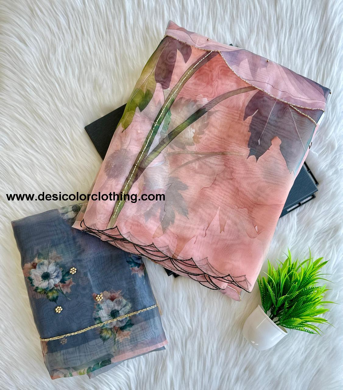 Semi Pure Organza Saree with Handcrafted Work and Printed Blouse